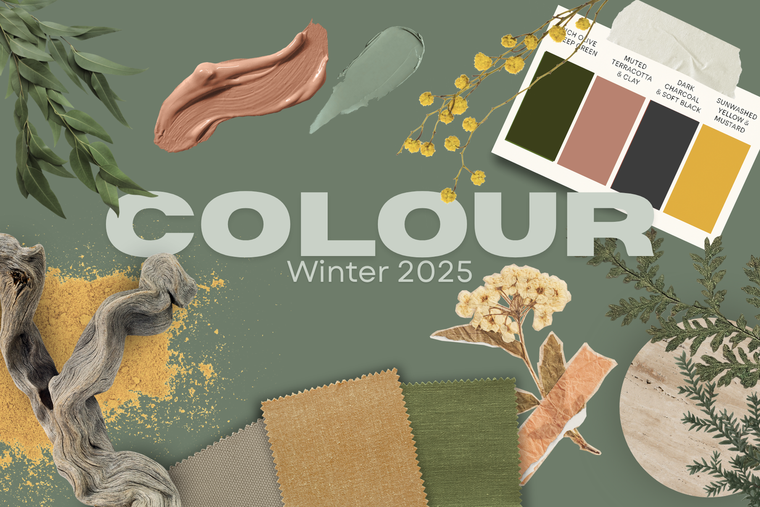 Winter 2025 interior colour trends overview – Deep Olive & Green, Terracotta & Clay, Dark Charcoal, and Sunwashed Mustard palettes with fabric swatches and décor ideas.